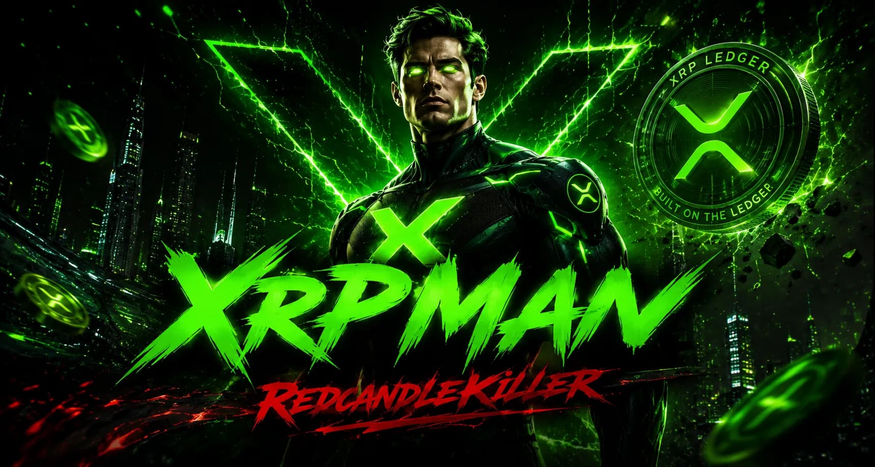 XRPMan, a neon-green armored hero, stands over a black XRP Ledger city beneath large XRPMAN and RedCandleKiller lettering and a glowing XRP Ledger coin.